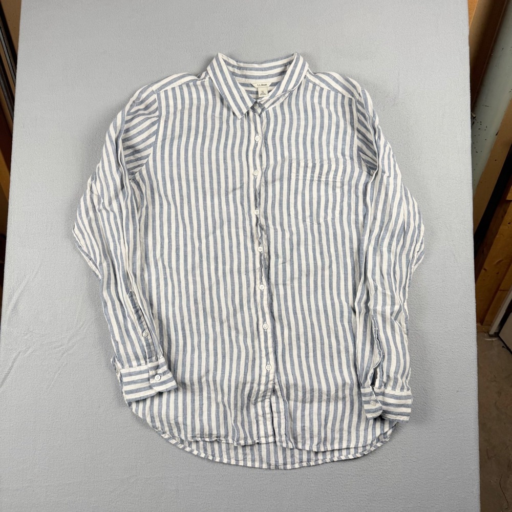 LL Bean Womens XL Blue White Striped 100% Linen Button Down Shirt Coastal Beach